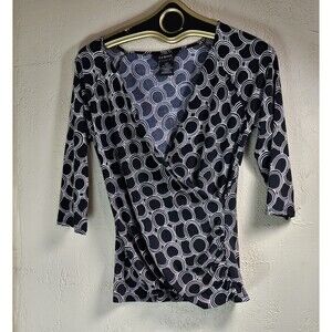 George Ladies Faux Wrap Black Geometric Design V-Neck Top with Ruched Side Sz S